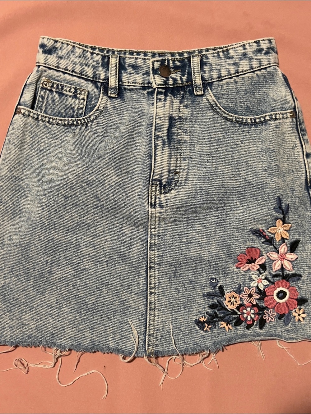 Embroidered Light Blue Denim Mini Skirt
